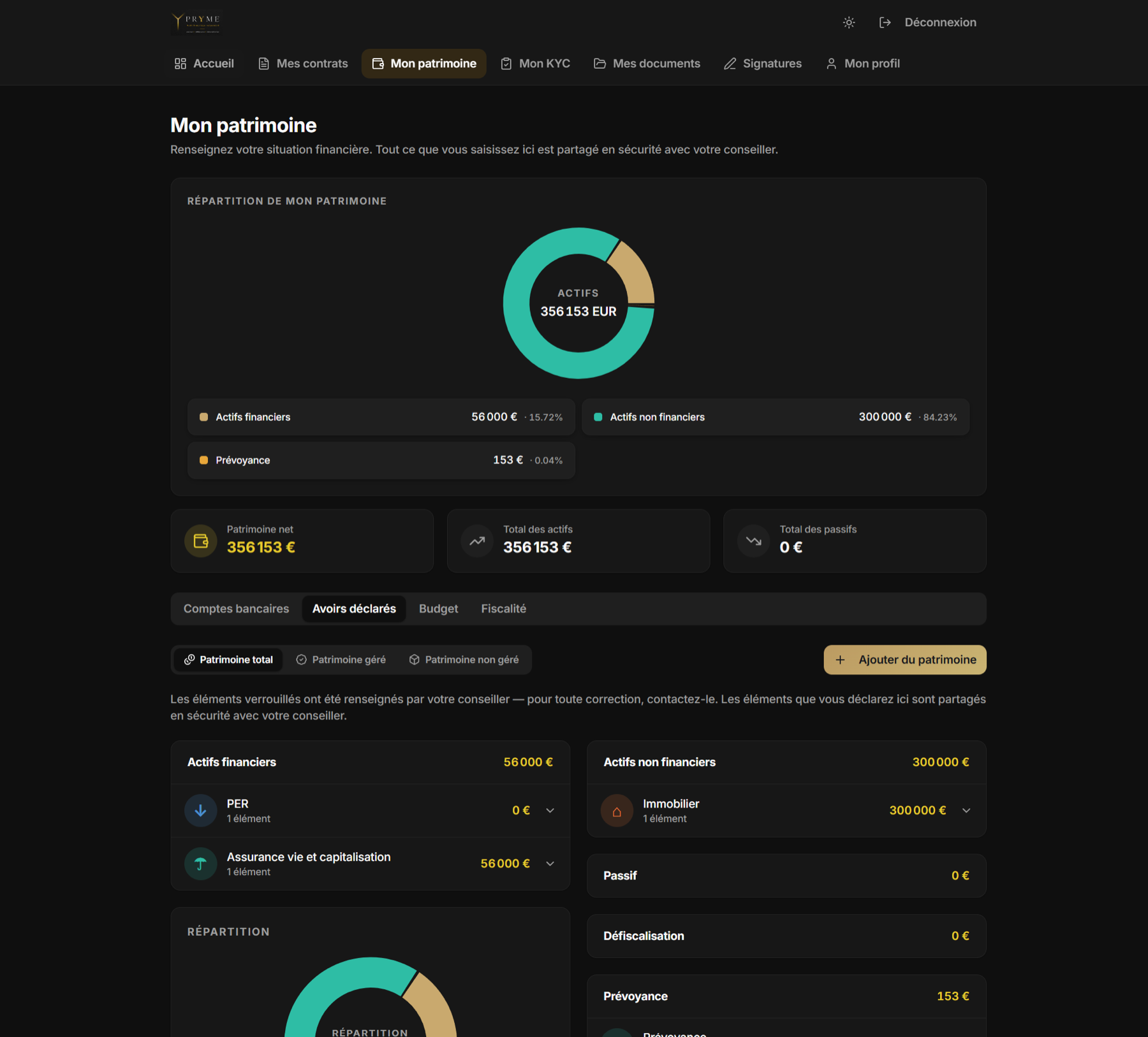 Exemple de la vue consolidée du patrimoine dans l’espace client PRYME
